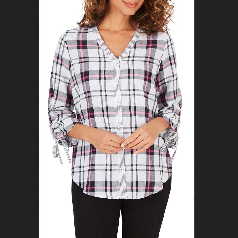 Foxcroft Marlin Plaid Ruched Sleeve Cotton Button-Up Blouse Size 14‎